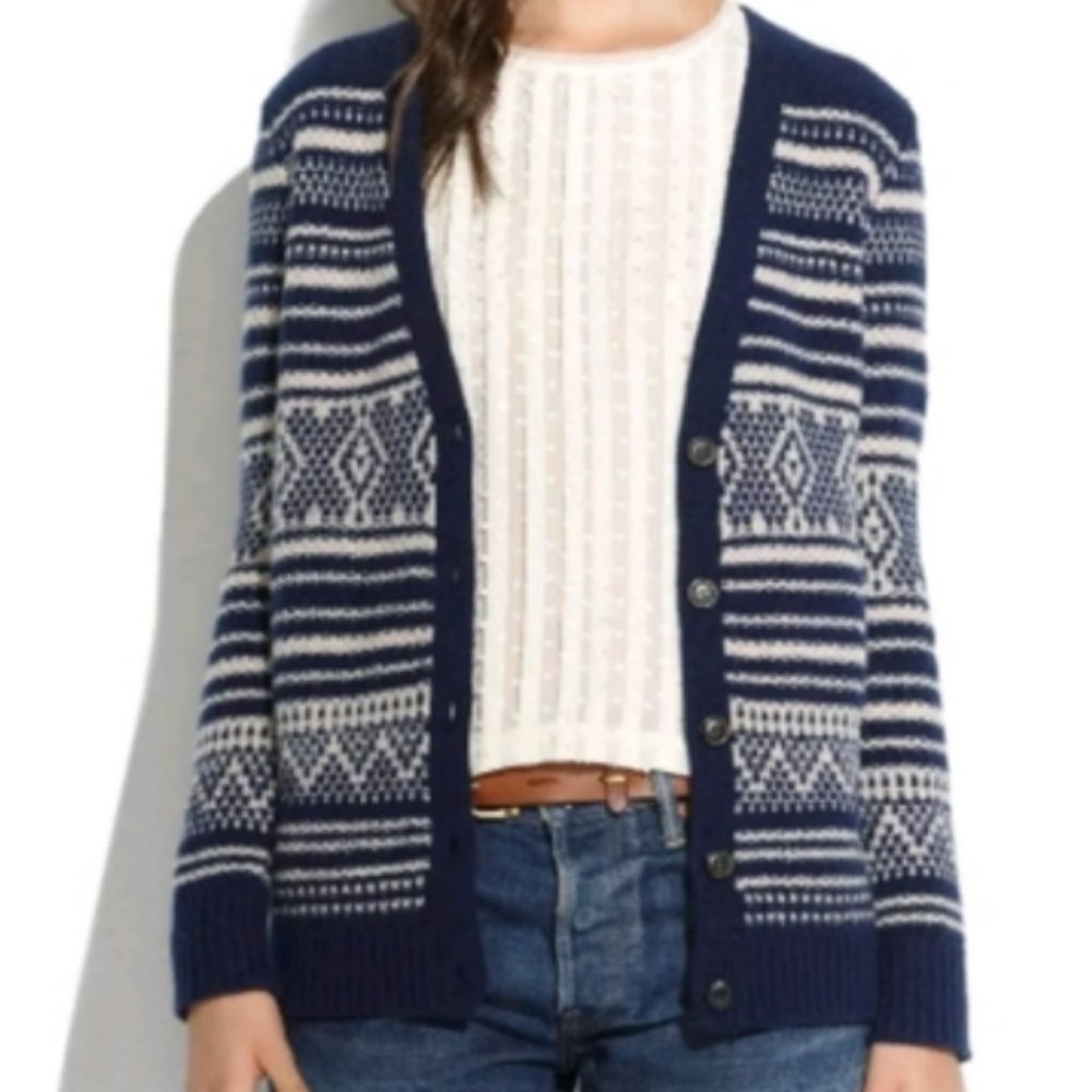 Madewell 100% Wool Navy and Cream Patterned Cardigan